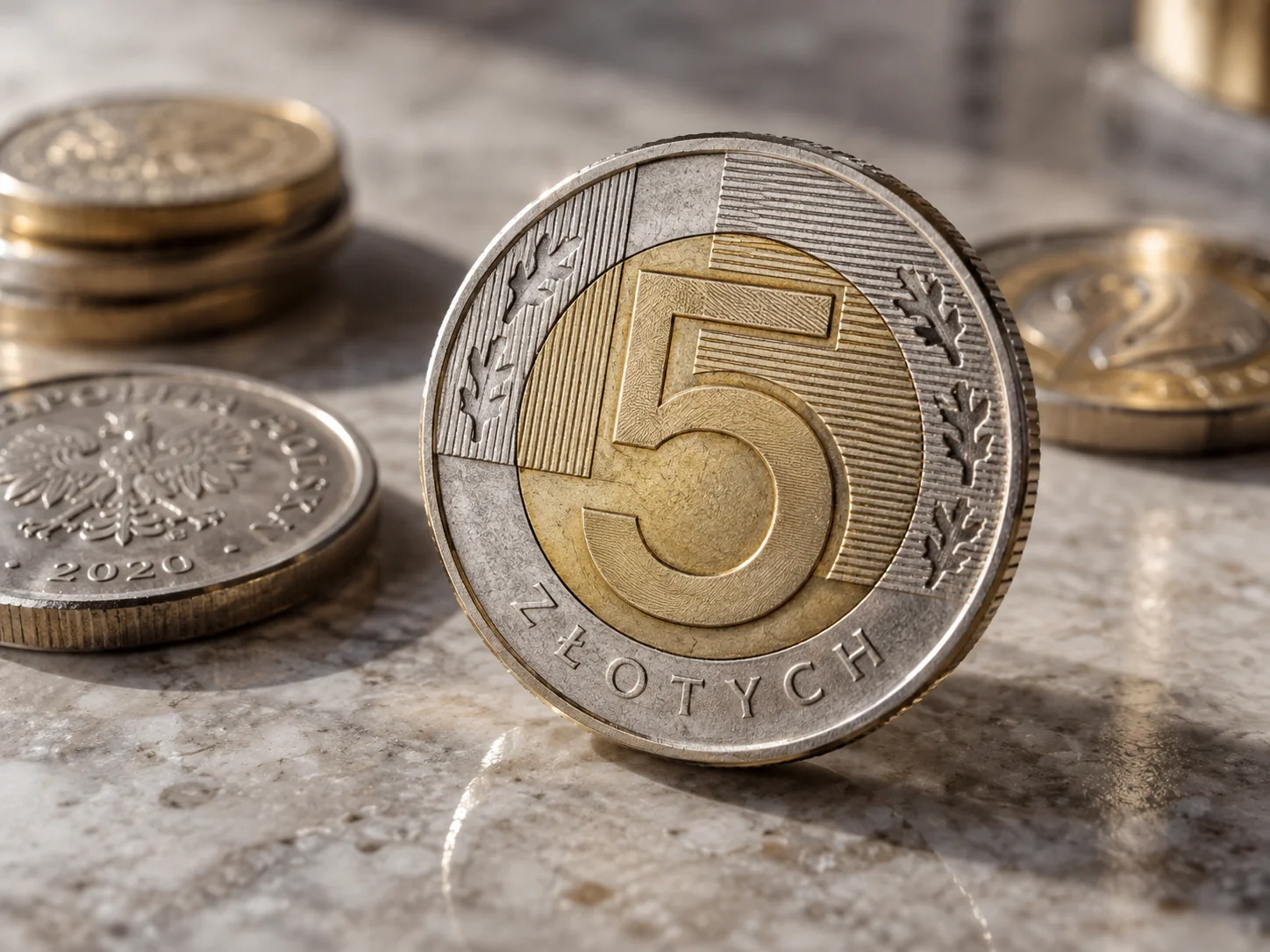 Polska moneta pięciozłotowa na jasnym kamiennym blacie